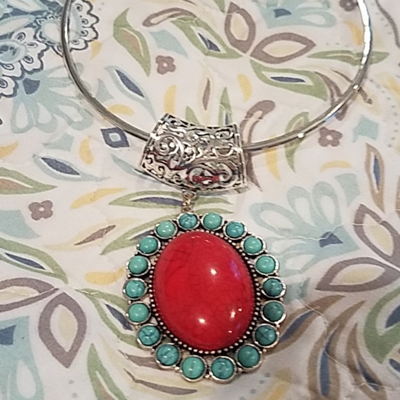 New silver necklace with turquoise and red accents - Picture 3 of 3
